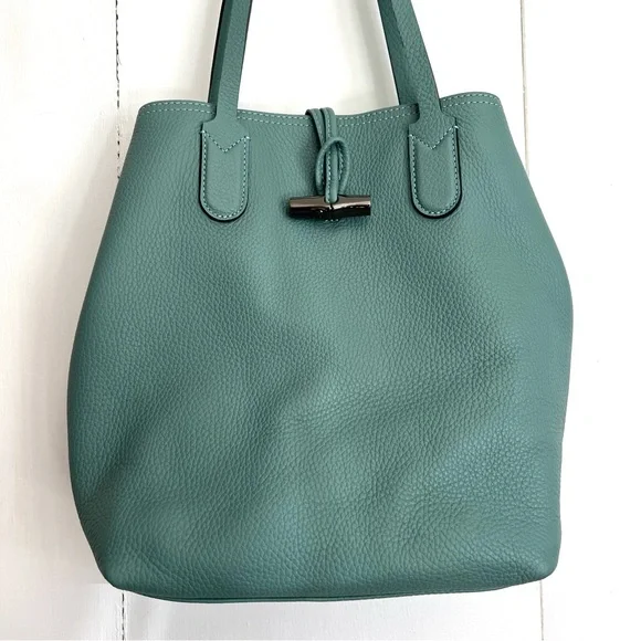 Longchamp Roseau Essential Grained Leather Sage Green Cuir Shoulder Tote Bag - Picture 2 of 9